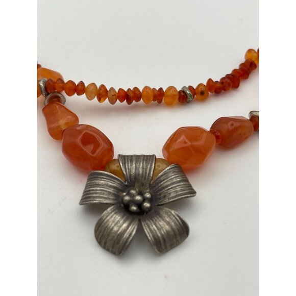 Orange Assorted Shape Beads Necklace Metal Flower Center Pendant 18" - Picture 2 of 6